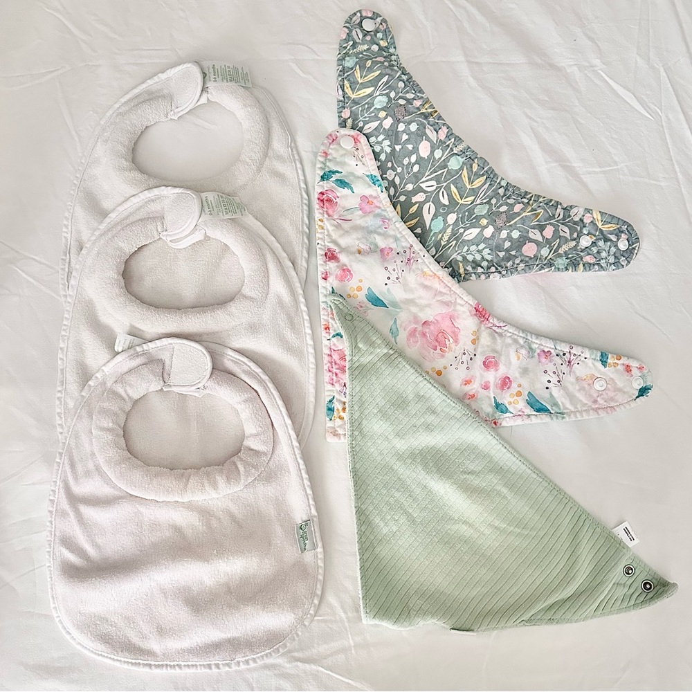 Set of 6 Baby Bibs: 3 Green Sprouts Stay Dry Milk Catcher + 3 Bandana Bibs